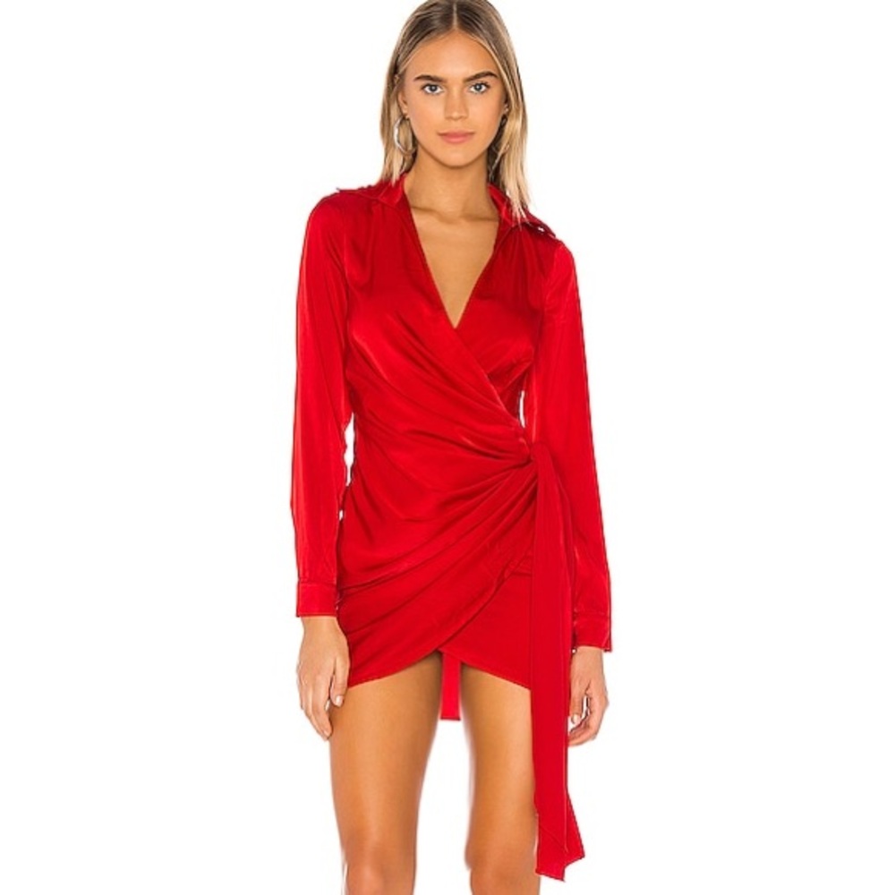 Superdown Sophie Draped Mini Dress Red Satin Plunging Neckline Long Sleeve